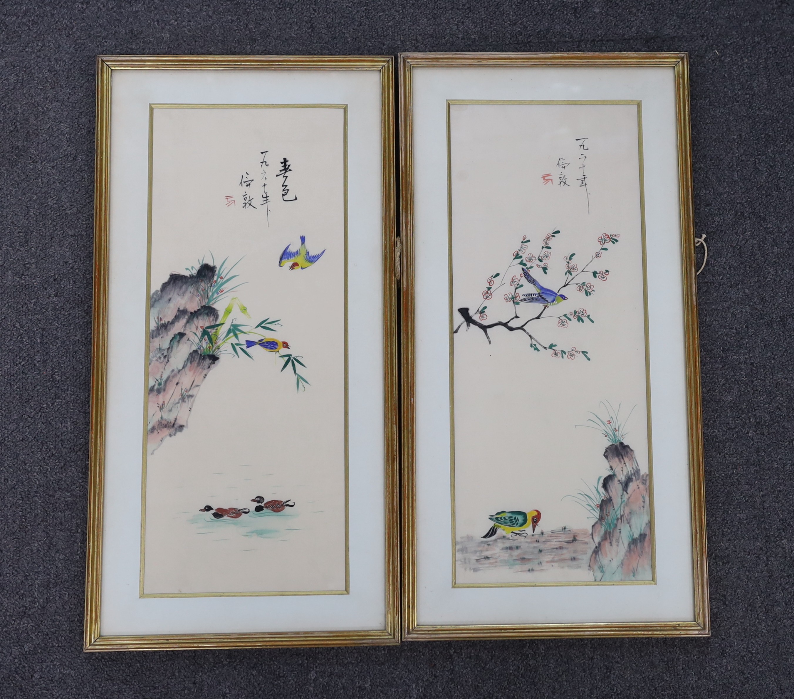 Chinese School, mid 20th century, pair of paintings on silk, birds amongst nature, inscribed, 43 x 17cm